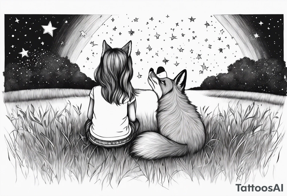 sitting from behind looking at the stars, a little girl and a fox sitting in the grass tattoo idea