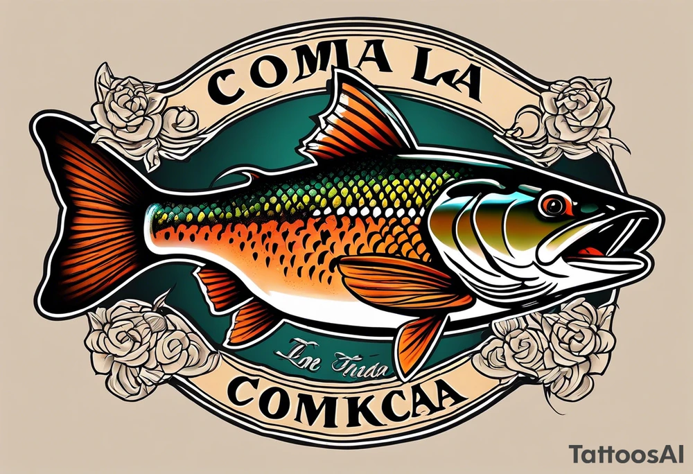 A small tattoo with a shaded trout and text that says, 'Como la trucha...' drawn with fine lines." tattoo idea