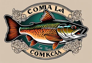 A small tattoo with a shaded trout and text that says, 'Como la trucha...' drawn with fine lines." tattoo idea