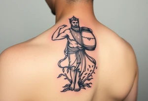 A large humanized god carrying a jar on his shoulder, from which it flows out of the water to create a marine environment tattoo idea