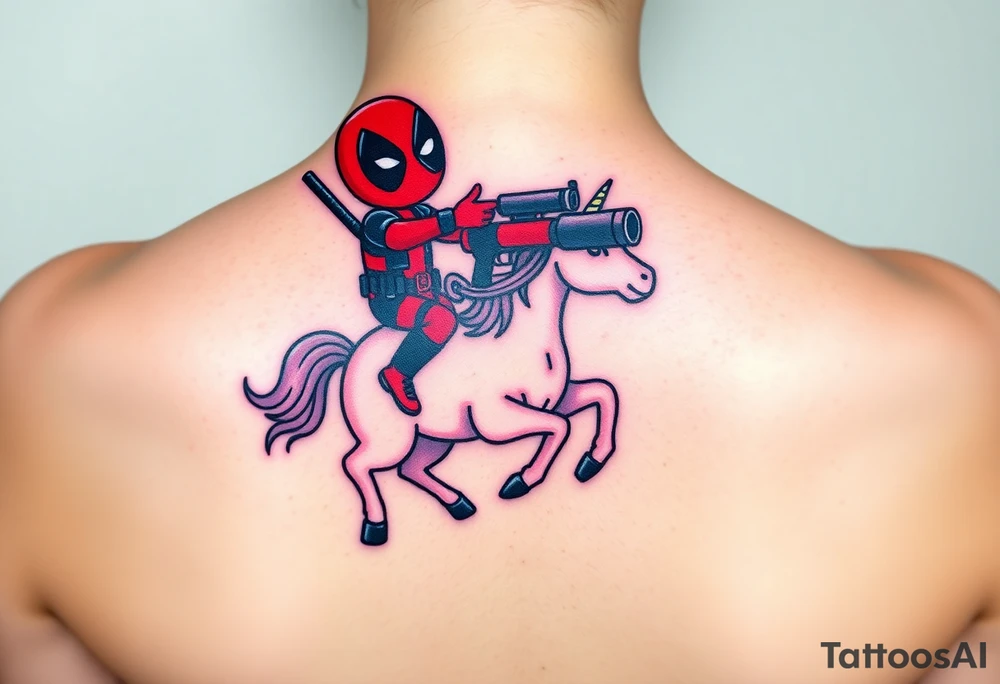 Deadpool riding unicorn pointing rocket propelled grenade launcher tattoo idea
