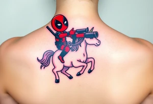 Deadpool riding unicorn pointing rocket propelled grenade launcher tattoo idea