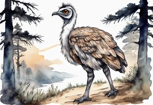an emu with the head of a barn owl walking on a forest path at night tattoo idea