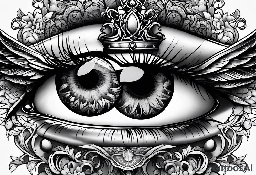 big eye with wings and crown tattoo idea