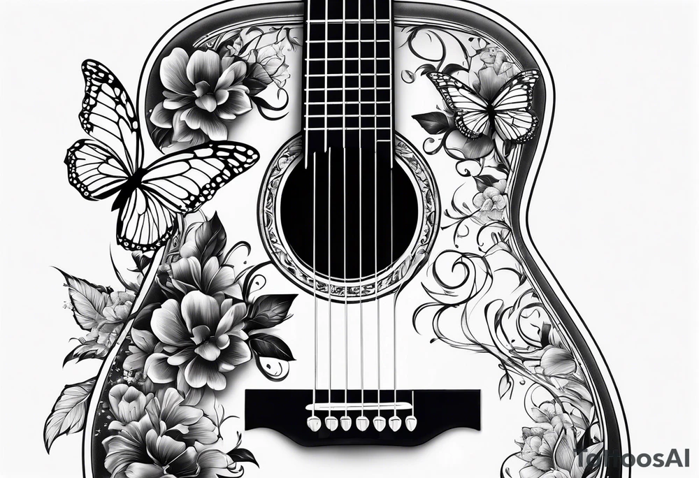 Guitar with flowers growing off the side, butterflies, small tattoo idea