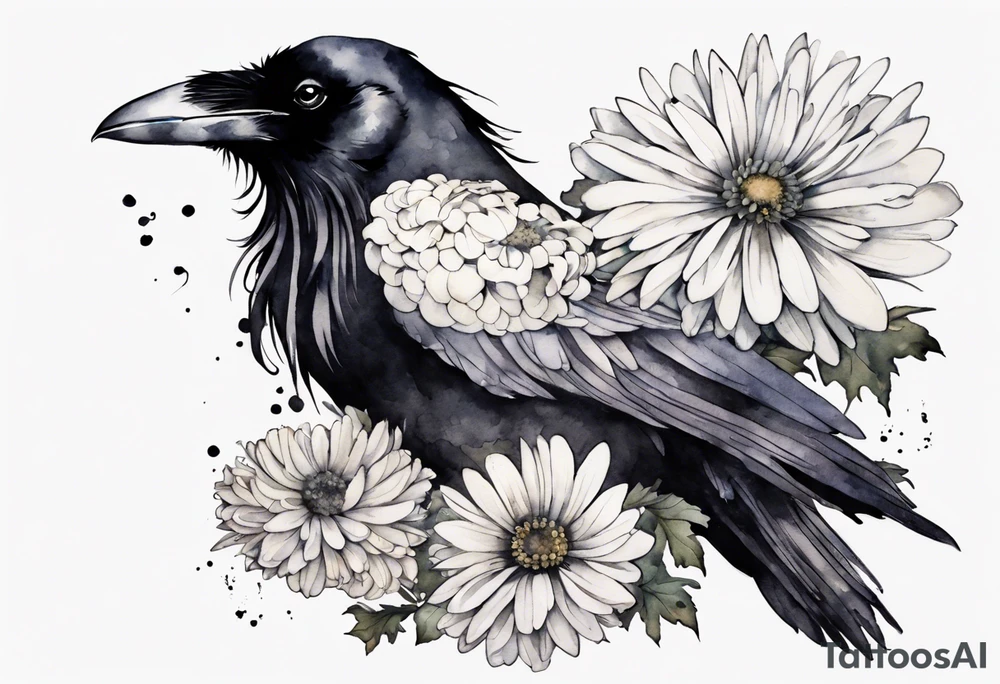 a raven wearing a white chrysanthemum on her head tattoo idea