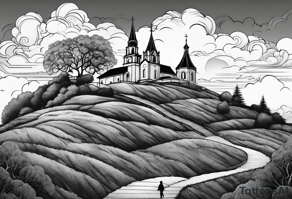 couple with 2 sons walking up on stairs on the hill and on the top of the hill is church and next to it is family tree tattoo idea