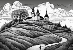 couple with 2 sons walking up on stairs on the hill and on the top of the hill is church and next to it is family tree tattoo idea