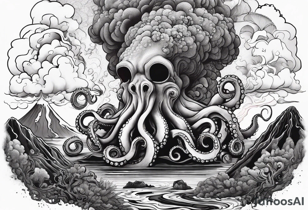 Octopus, volcano eruption, broken bridge tattoo idea