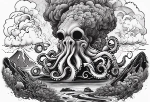 Octopus, volcano eruption, broken bridge tattoo idea