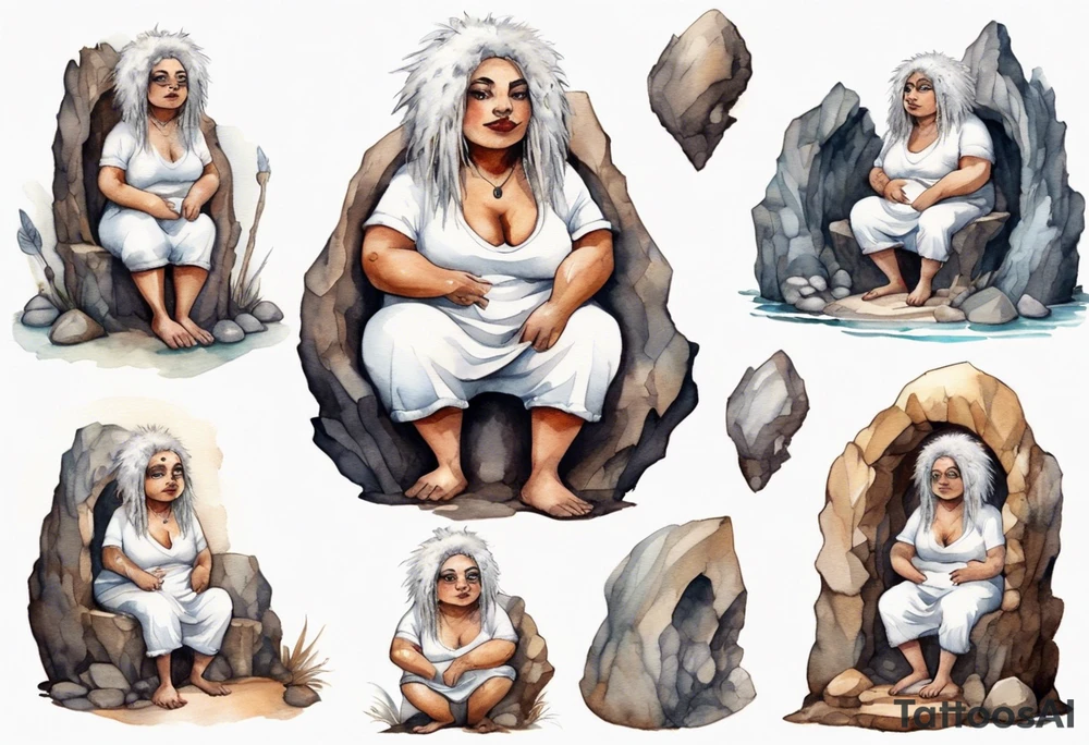 a solitary fat mole woman with large round eyes, covered in short white fur with brown dreadlocks sitting in stone throne in a cave tattoo idea