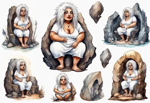a solitary fat mole woman with large round eyes, covered in short white fur with brown dreadlocks sitting in stone throne in a cave tattoo idea