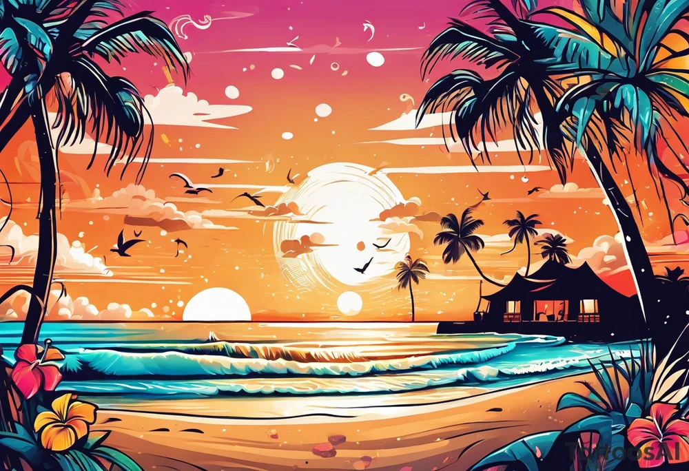 TIKI beach  dance party scene with tropical drinks, sexy girls dancing, music notes, confetti tattoo idea