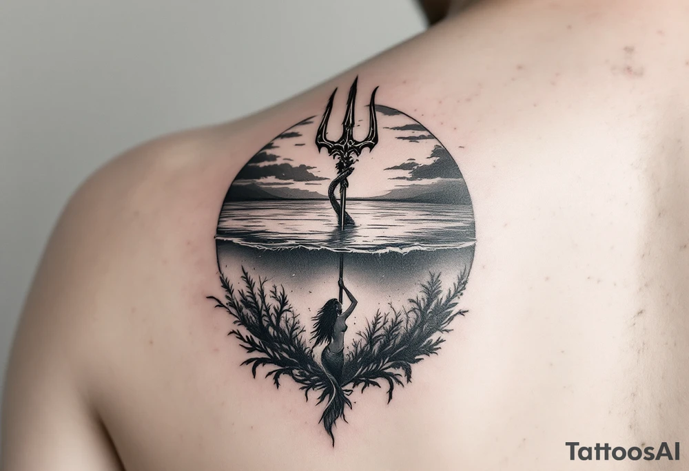 trident half way under calm water with sunset and mermaid tattoo idea