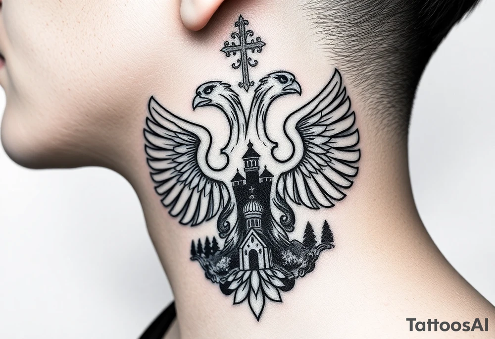 Traditional authentic Russian coat of arms with double headed eagle & a Christian orthodox virgin marry in the middle and silhouette in a Russian wilderness Christian orthodoxy dome church village setting on the side of my neck tattoo idea