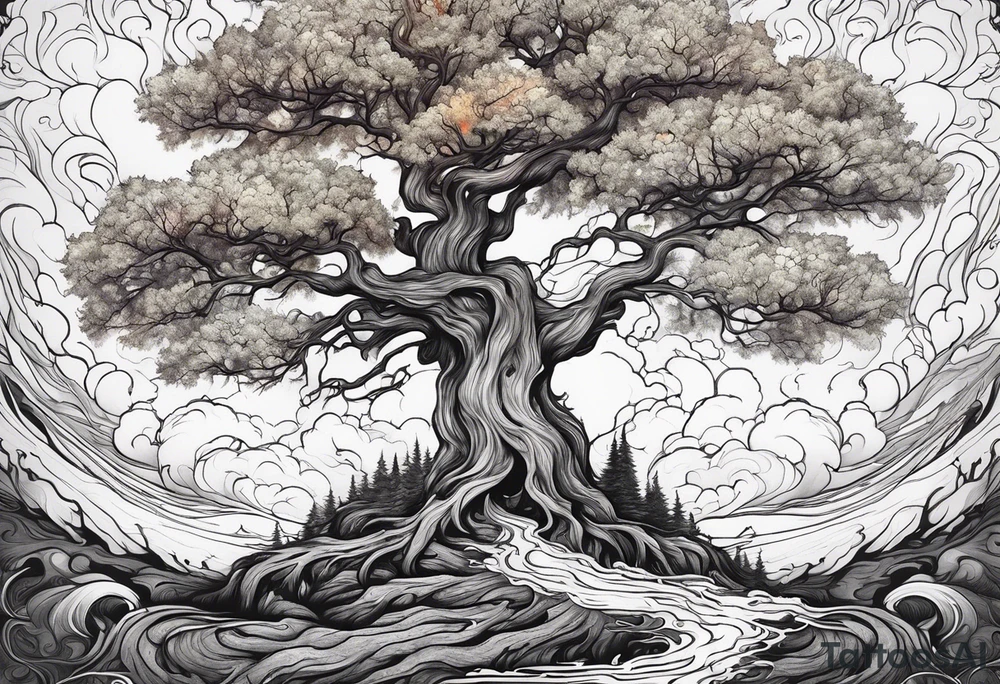 enormous old tree engulfed in flames of fire tattoo idea