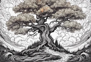 enormous old tree engulfed in flames of fire tattoo idea