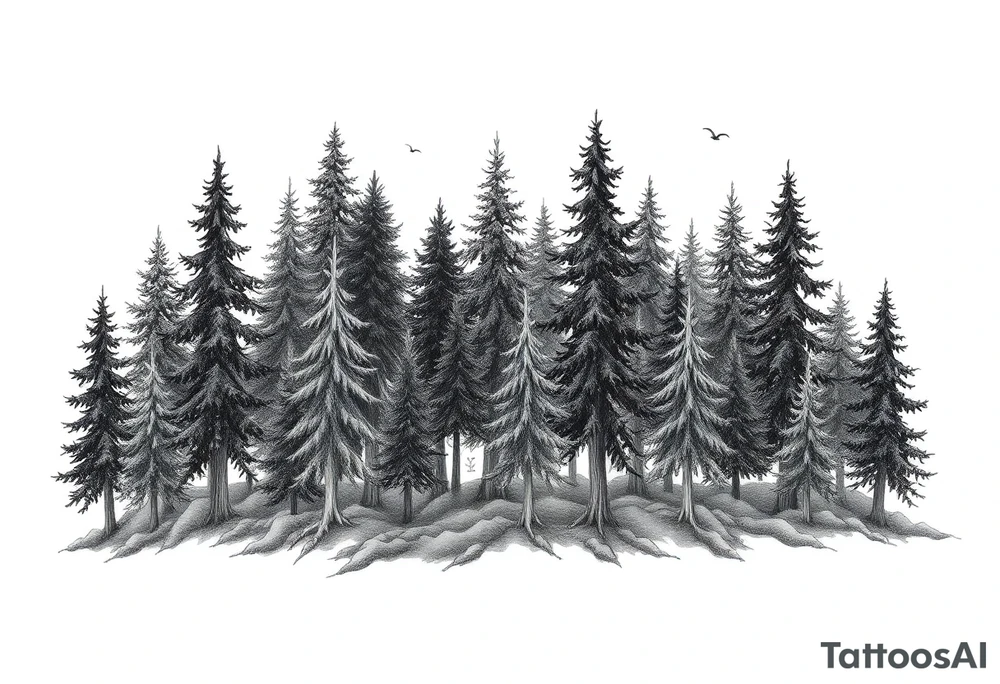 Needle forest with black and gray trees tattoo idea