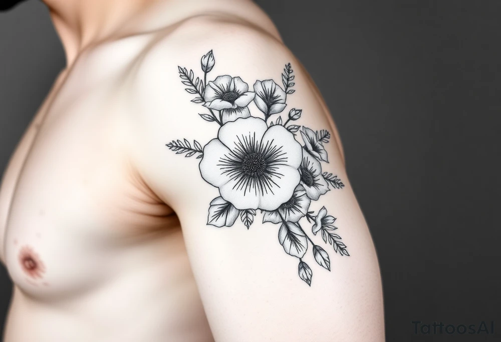 Floral Elements: Incorporate state flowers—bluebonnet (Texas), mountain laurel (Connecticut), and coast rhododendron (Washington
Arm sleeve shoulder to elbow tattoo idea