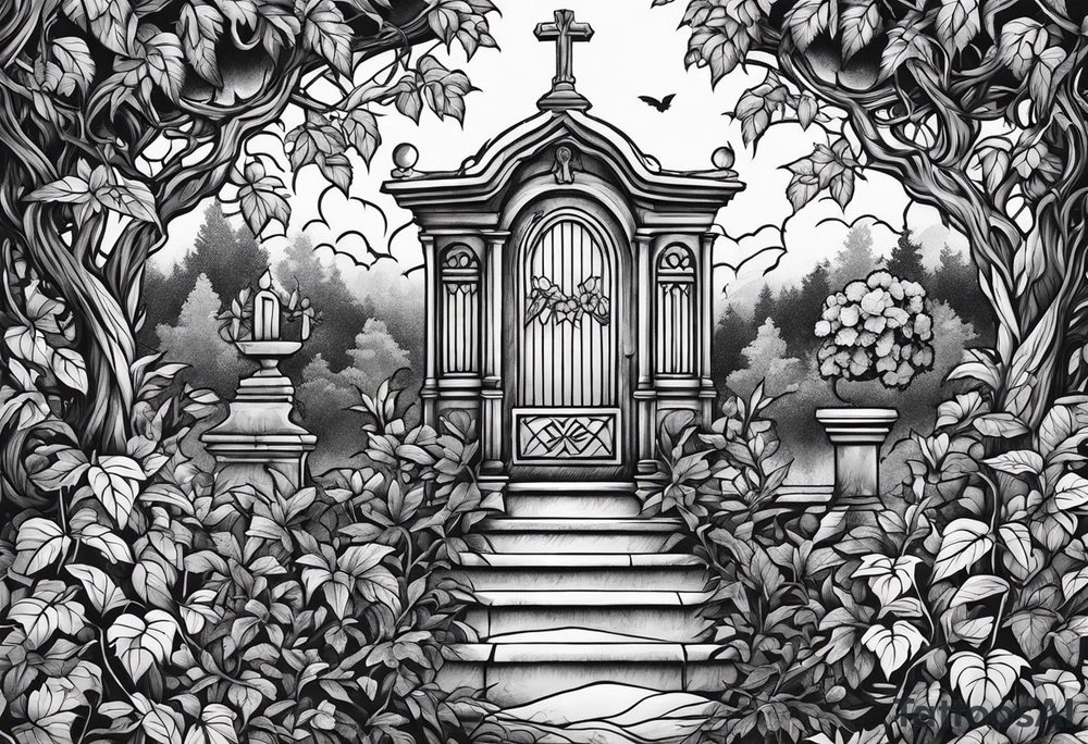 Leafy vines with grave yard tattoo idea