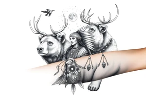 Indigenous, Majestic, and Powerful male Goliath Grizzly Bear and Elk. Both guarding an Indigenous, Majestic, and Powerful Raven haired Warrior Squaw surrounded by The Great Spirits in the sky tattoo idea