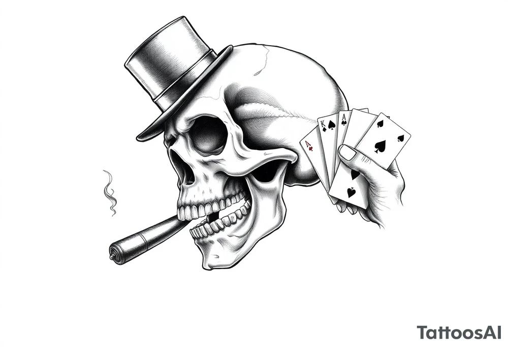 a skull with mustache, a big cigar in his mouth,top-hat on his head and playing cards in a hand. tattoo idea