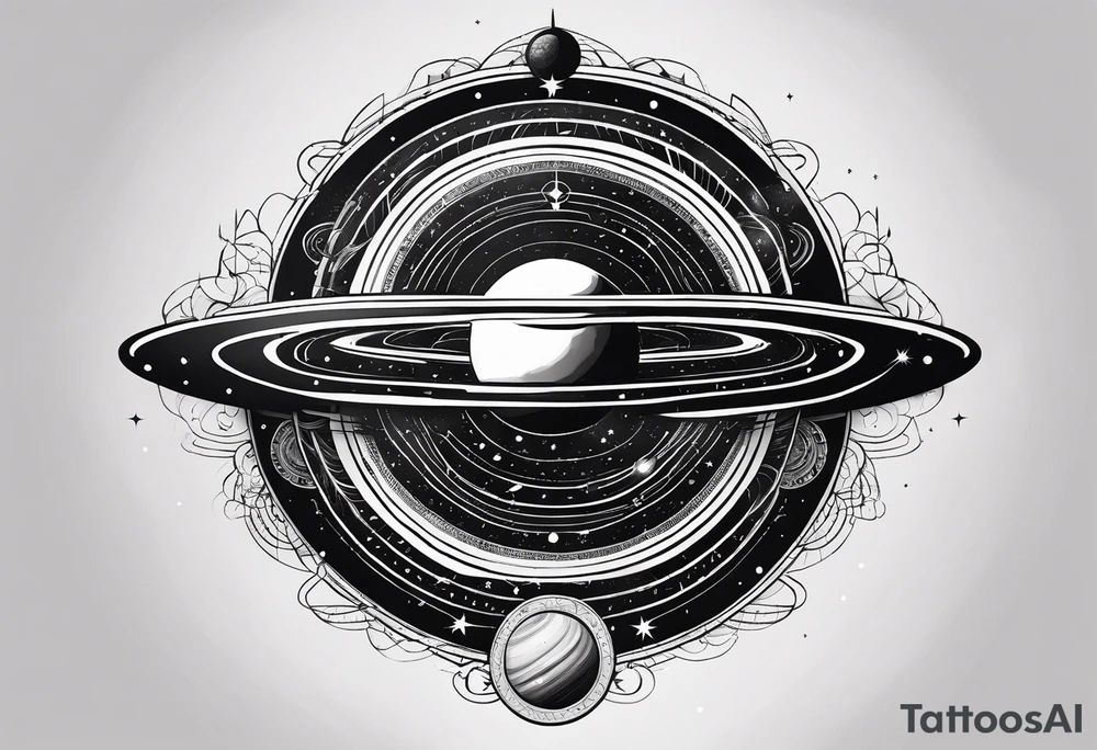 A tattoo with Saturn at the center surrounded by intricate linguistic symbols, reflecting the client's interests in cosmology and linguistics. tattoo idea