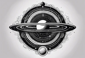 A tattoo with Saturn at the center surrounded by intricate linguistic symbols, reflecting the client's interests in cosmology and linguistics. tattoo idea