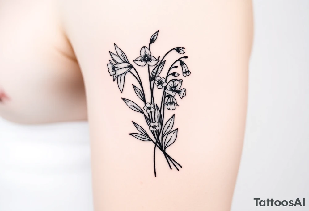 Feminine daffodils, Lily of the valley and larkspur bouquet tattoo idea