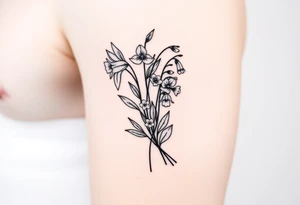 Feminine daffodils, Lily of the valley and larkspur bouquet tattoo idea