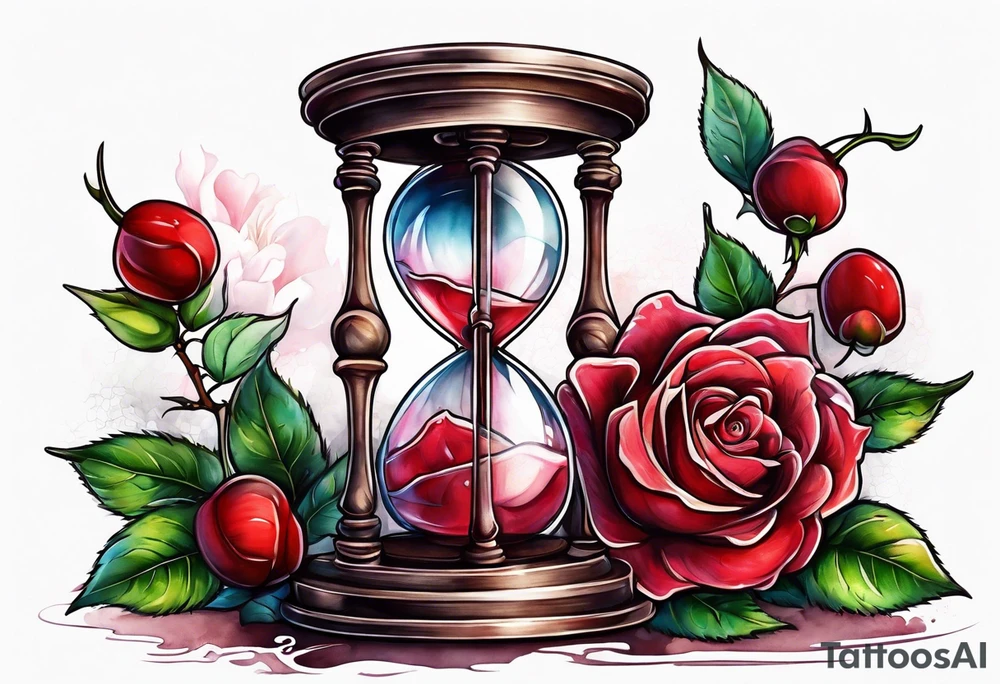Rose beside hourglass with cherry tree tattoo idea
