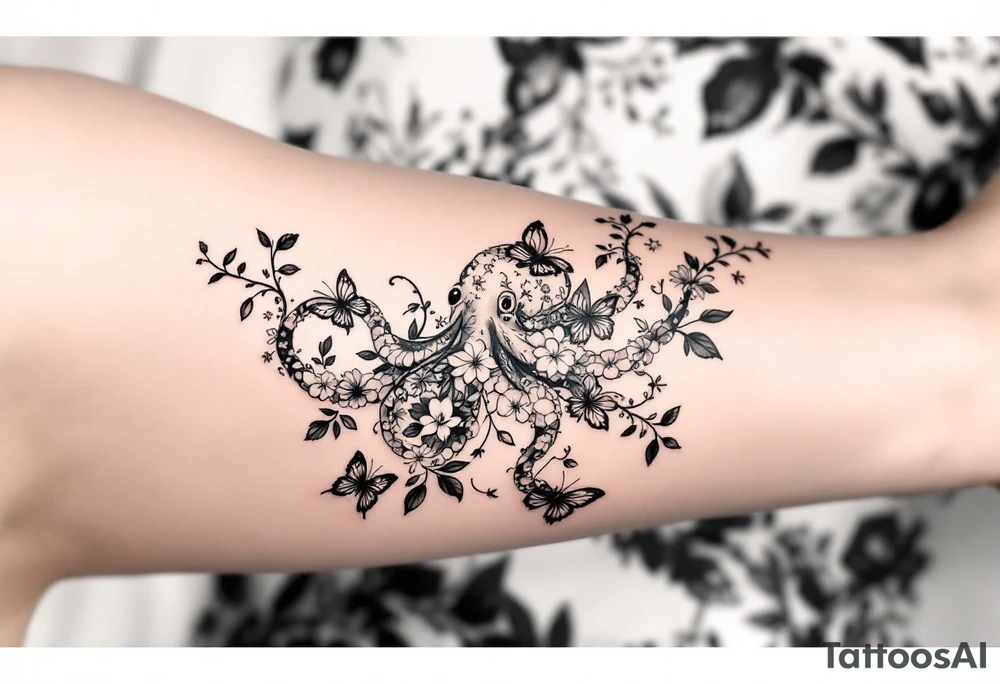 A simple fine-line tattoo design of a single octopus made entirely of flowers and butterflies. The octopus’s tentacles are shaped like flowing floral vines with leaves and petals, and its body is composed of overlapping blossoms and butterfly wings. Incorporate sacred geometry. The style is minimalist, elegant, and nature-inspired, with delicate black and grey lines, soft shading, and no outlines. No aquatic or marine elements besides the floral octopus. Simple. The design flows organically down the upper arm or shoulder, with a light, airy feel, minimalist tattoo idea