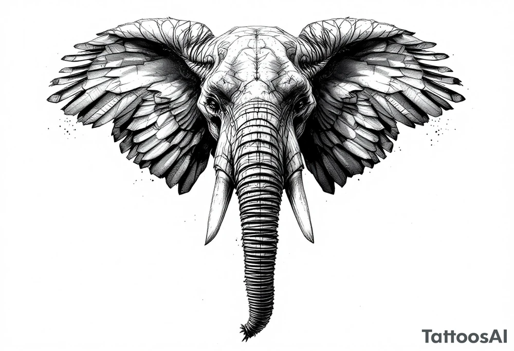 A hieroglyphic, depicting an ancient and gargantuan African elephant with horns protruding from its forehead and wings that resemble that of a falcons tattoo idea