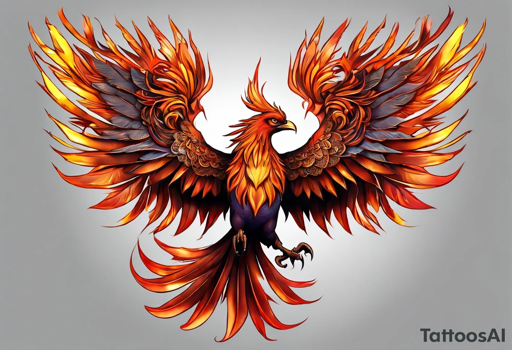 3D Tattoo: A powerful, majestic phoenix, depicted mid-flight or rising, with wings extended and feathers flowing. Deep shading and intricate details to bring out the texture and motion of the feathers. Style: 3D. tattoo idea