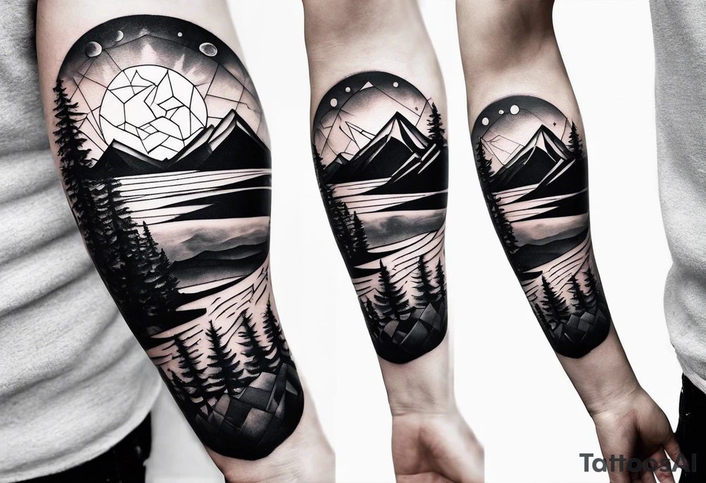 Geometric nature tattoo with moutains, lake, forest, birds and a moon. Tattoo needs to be the size of a forearm. tattoo idea
