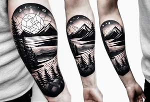 Geometric nature tattoo with moutains, lake, forest, birds and a moon. Tattoo needs to be the size of a forearm. tattoo idea