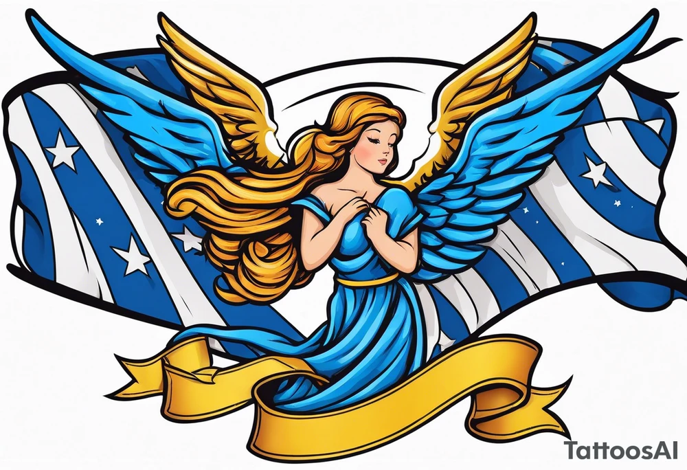Blue colon cancer ribbon with angel winds and flag blend in tattoo idea