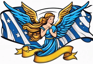 Blue colon cancer ribbon with angel winds and flag blend in tattoo idea