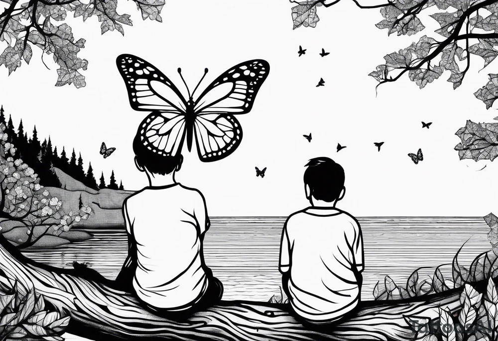 Two siblings watching a starfall by the sea. They are sitting on a tree branch in the woods and having an beutiful butterfly by There side tattoo idea