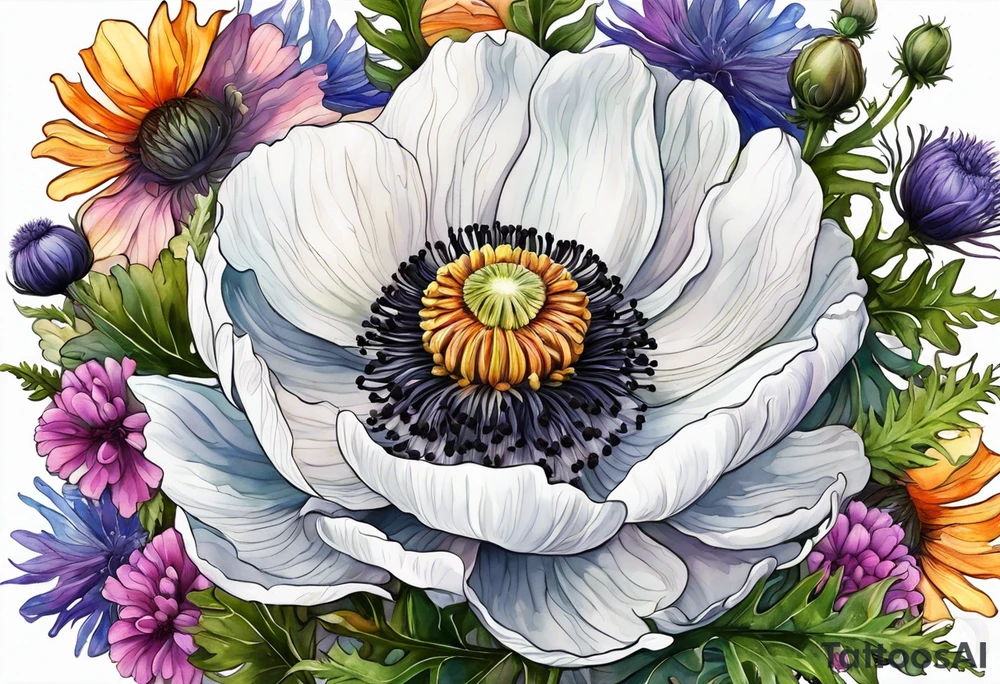 a white anemone with black center with equal sized mixed colorful wildflowers all with different shapes including thistles, ferns, ranuculus, and sun flowers all in watercolor tattoo idea