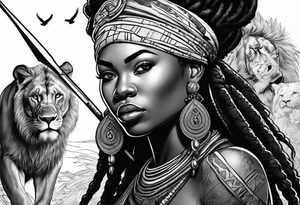 African woman warrior holding spear with deadlocks and earrings. With lion and birds in the background tattoo idea