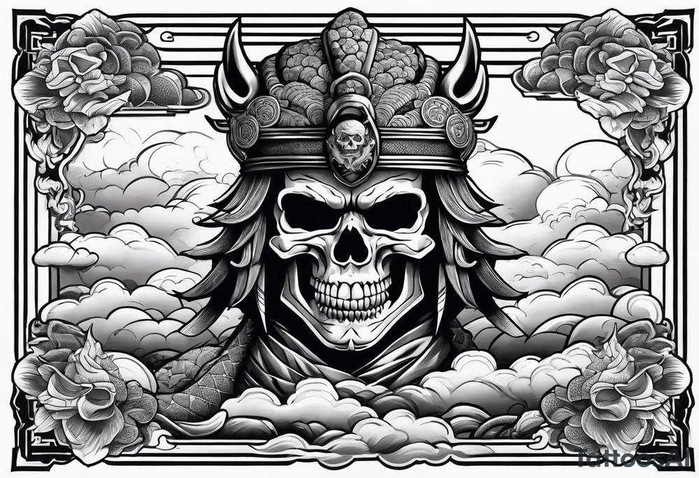 Powerful Majestic Samurai skull on top of dragon with clouds on boarder tattoo idea
