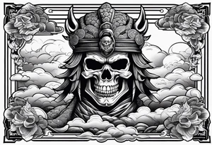 Powerful Majestic Samurai skull on top of dragon with clouds on boarder tattoo idea