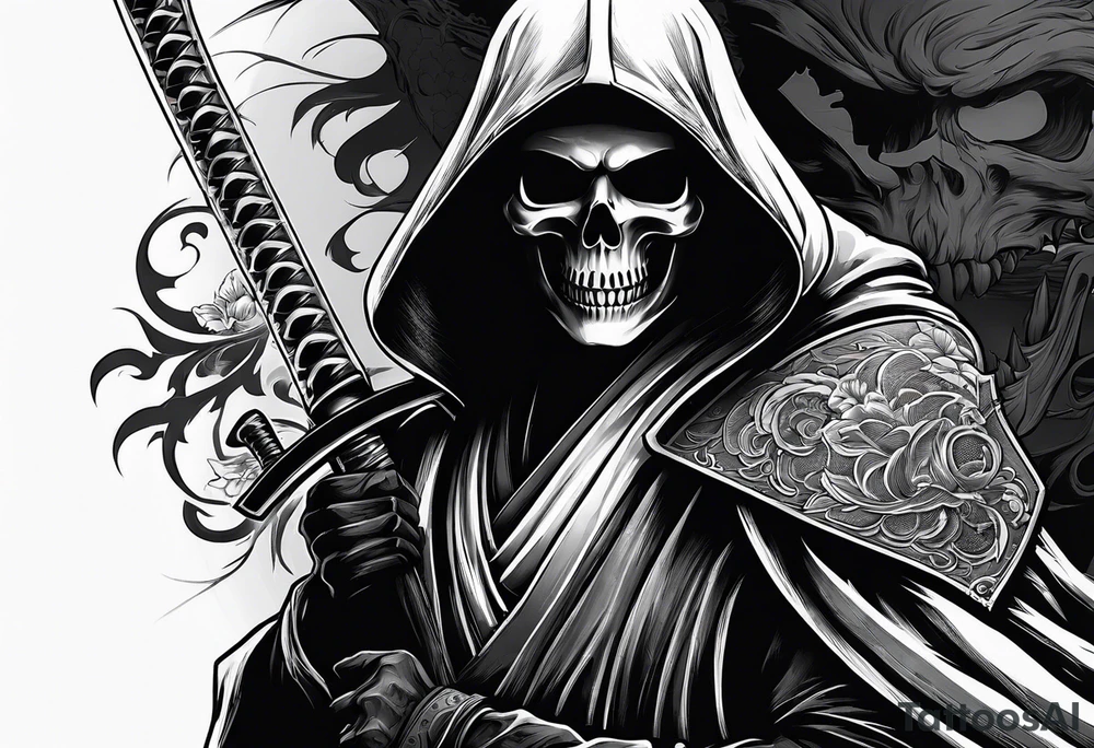 katana with grim reaper and skull tattoo idea