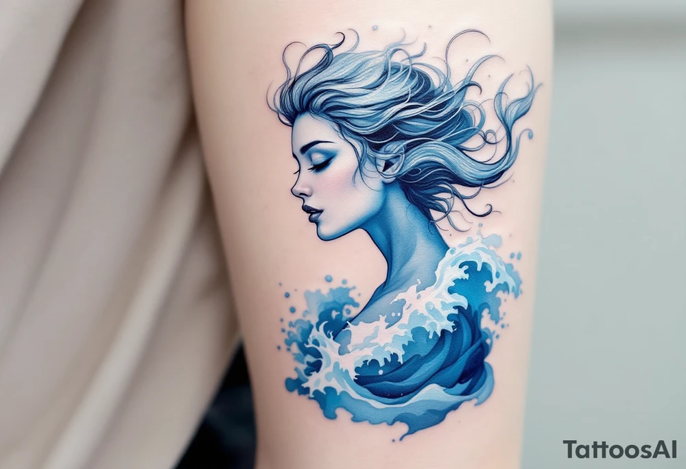 An Aquarius figure, in shades of ice blue and transparent silver emerging from sae wave. tattoo idea