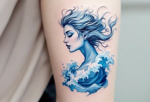 An Aquarius figure, in shades of ice blue and transparent silver emerging from sae wave. tattoo idea