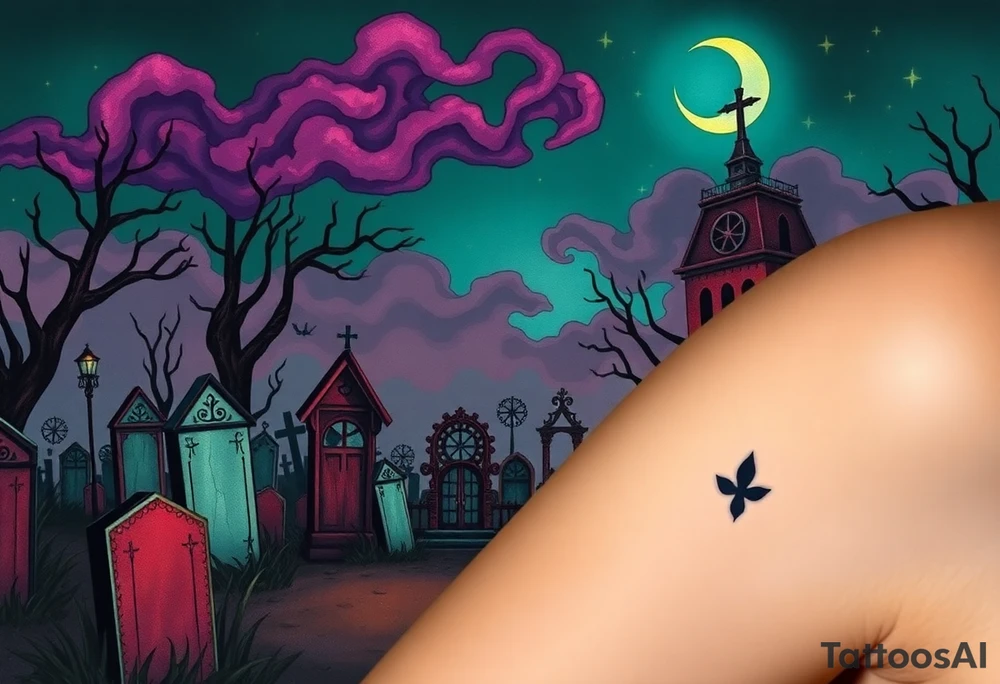 Tim Burton’s haunted victorian graveyard is abandoned and dripping with muted reds, dusty pinks, and eerie green glow.purple and cyan smokey clouds swirl in the crescent moonlit sky thats sprinkled with stars tattoo idea tattoo idea