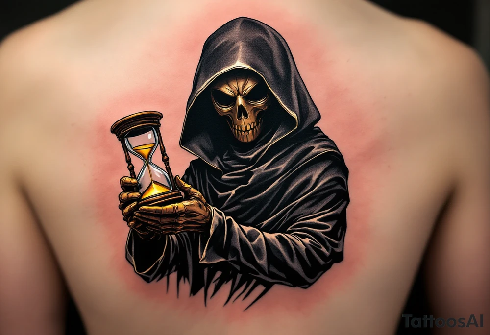 Plague Doctor with Hourglass – A mysterious doctor holding an old wooden hourglass with golden sand flowing inside. The mask is deep brown with brass accents, and the robe is black with silver lining. tattoo idea