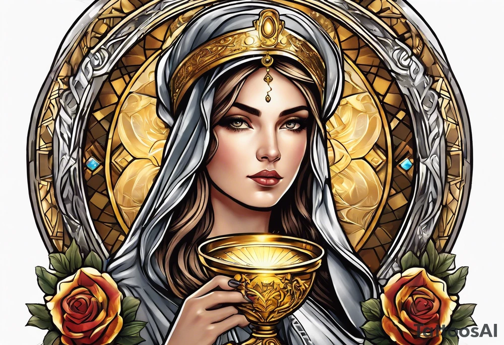 woman saint holding chalice surrounded by golden halo portrait tattoo idea