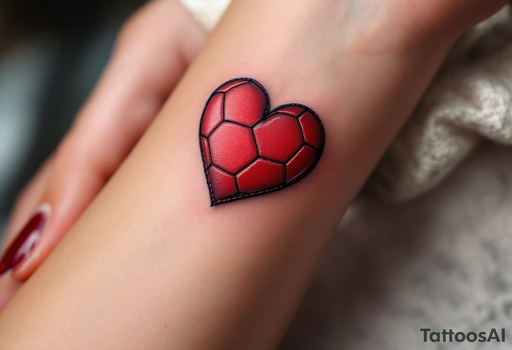 A heart-shaped red soccer ball stitched like leather, symbolizing love for the game. tattoo idea